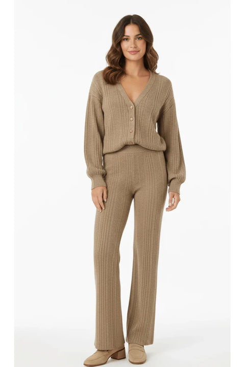 Beige V-Neck Cardigan Matching Wide-Leg Trousers Co-Ord Set by Avinci