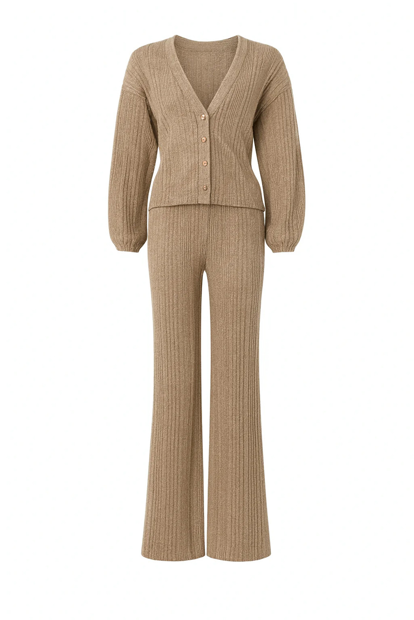 V-Neck Cardigan Matching Wide-Leg Trousers Co-Ord Set AV-NCB4490