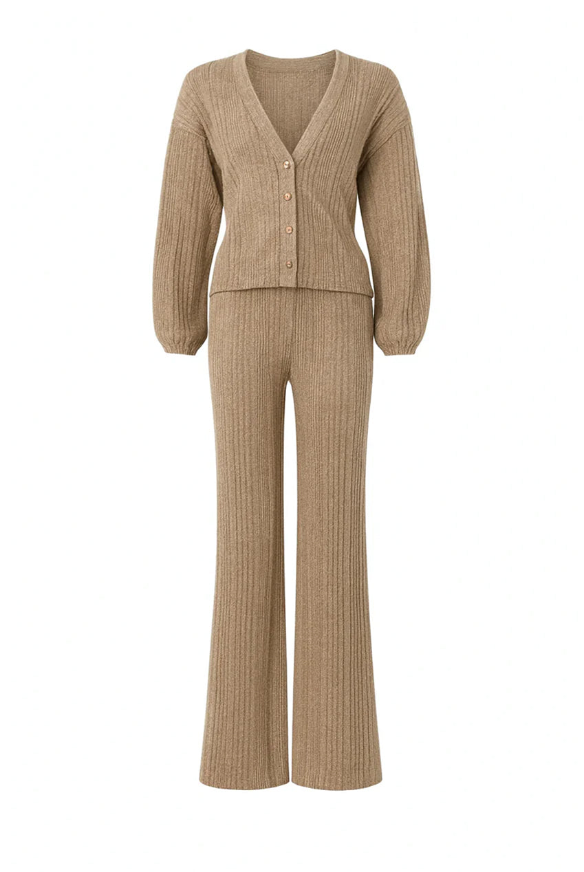 Beige V-Neck Cardigan Matching Wide-Leg Trousers Co-Ord Set AV-NCB4490