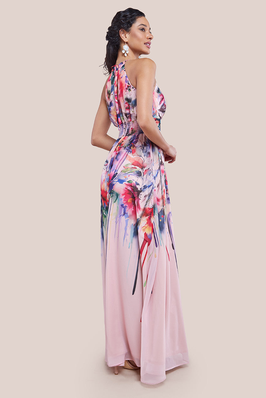 Floral Printed Chiffon Halter Maxi Dress - Blush Floral DR4299