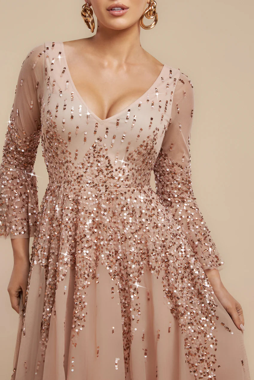 Sunray Hand Embellished Sequin A-Line Bell Sleeve Maxi Dress - Champagne DR4654