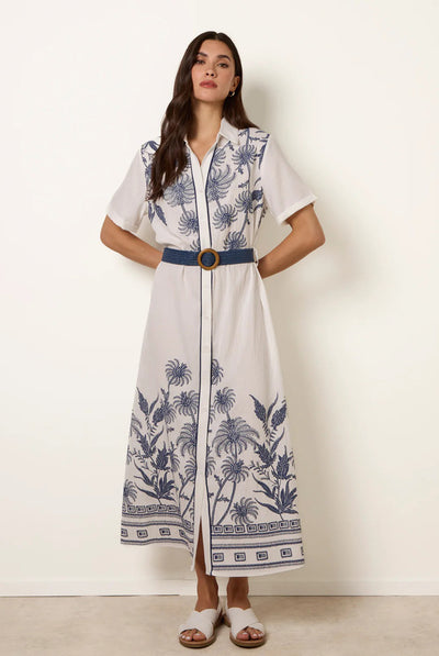 White - Tropical Palm Embroidery Dress by Blue Vanilla