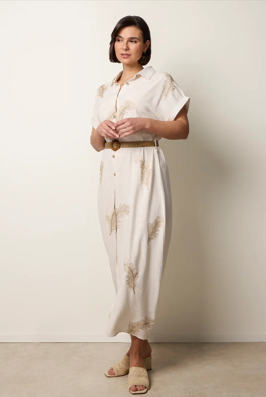 Linen Belted Dress With Feather Embroidery WF5706BV241