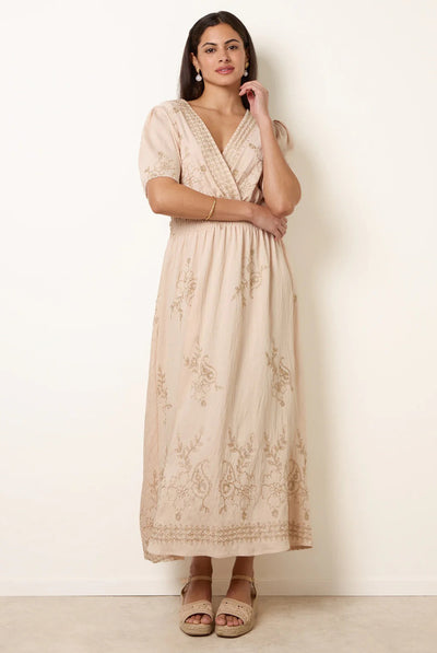 Stone - Wrap Front Metallic Embroidery Floral Dress by Blue Vanilla