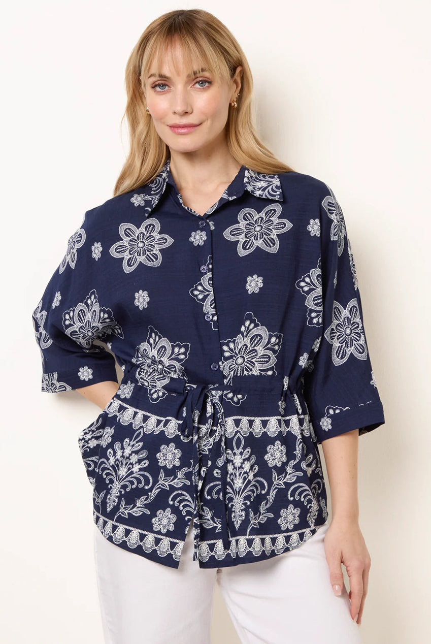 Floral 3/4 Sleeve Tie Waist Shirt WF5760BV324
