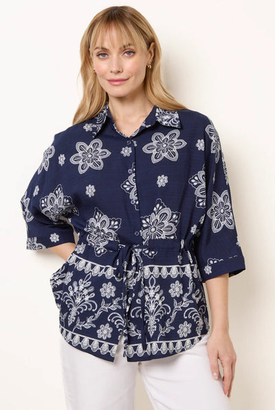 Navy - Floral 3/4 Sleeve Tie Waist Shirt by Blue Vanilla