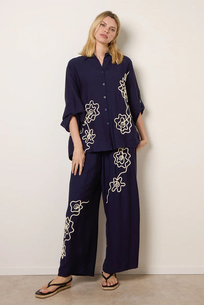 Navy - Floral Embroidery Trousers by Blue Vanilla