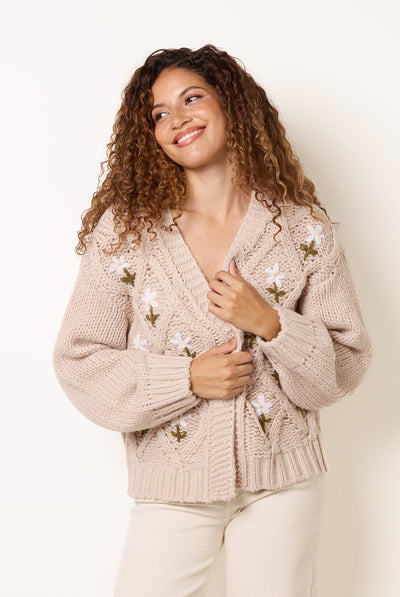 Stone - Cable Knit Flower Cardigan by Blue Vanilla