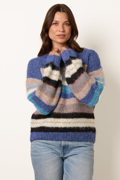Blue - Striped Round Neck Knit Jumper by Blue Vanilla
