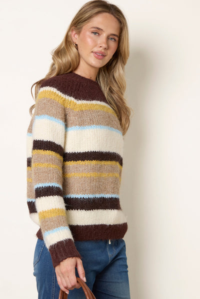 Chocolate - Striped Round Neck Knit Jumper by Blue Vanilla