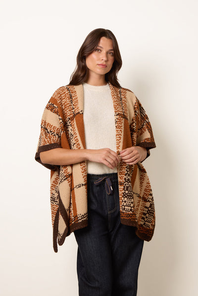 Brown - Geometric Patchwork Poncho by Blue Vanilla