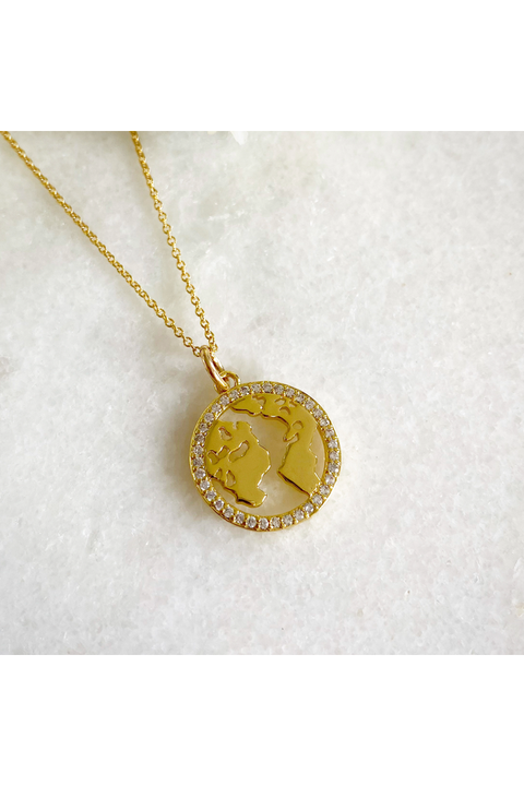 Gold World Map CZ Necklace WORLDGLD001