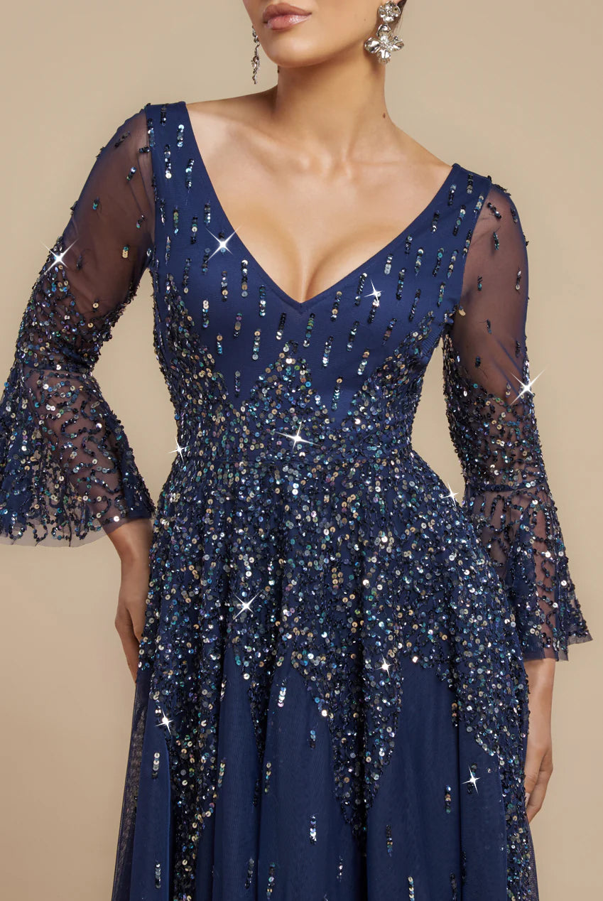 Sunray Hand Embellished Sequin A-Line Bell Sleeve Maxi Dress - Navy Blue DR4654