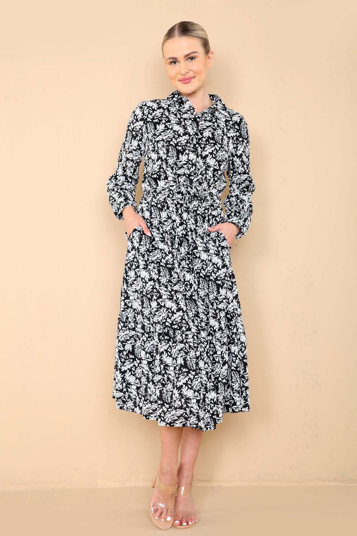 Mono Leaf Print Frilled Hem Midi Dress LS2206-A8