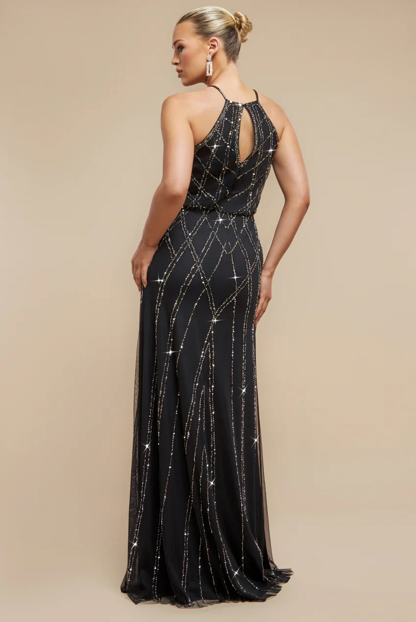 Racer Neck Sleeveless Hand Embellished Sequin Maxi Dress - Black DR2889