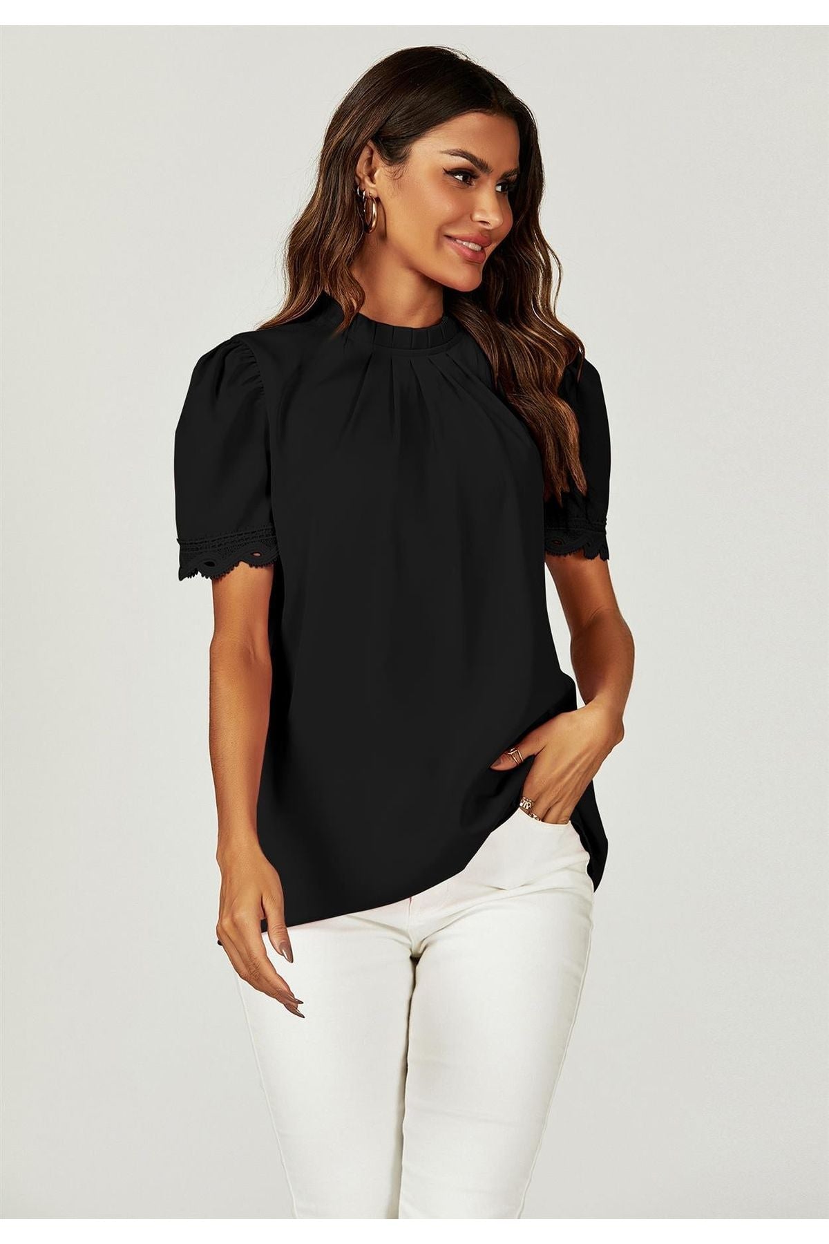 Lace Trim Detail Short Sleeve High Neck Blouse Top In Black FS659