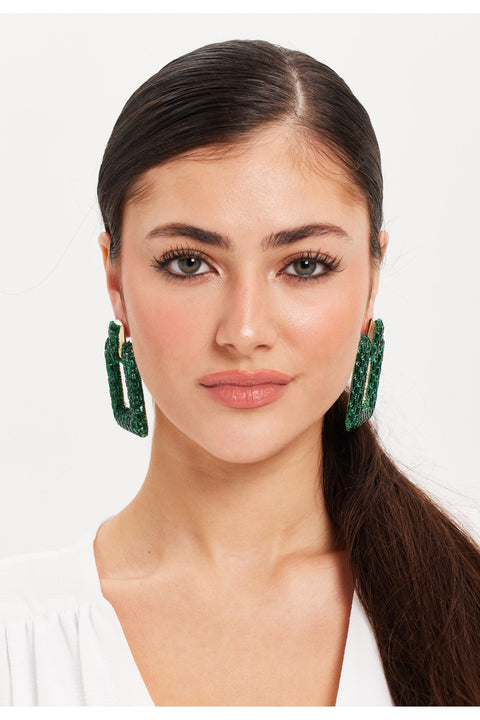 Rhinestone Rectangle Statement  Earrings In Green SS24EAR2