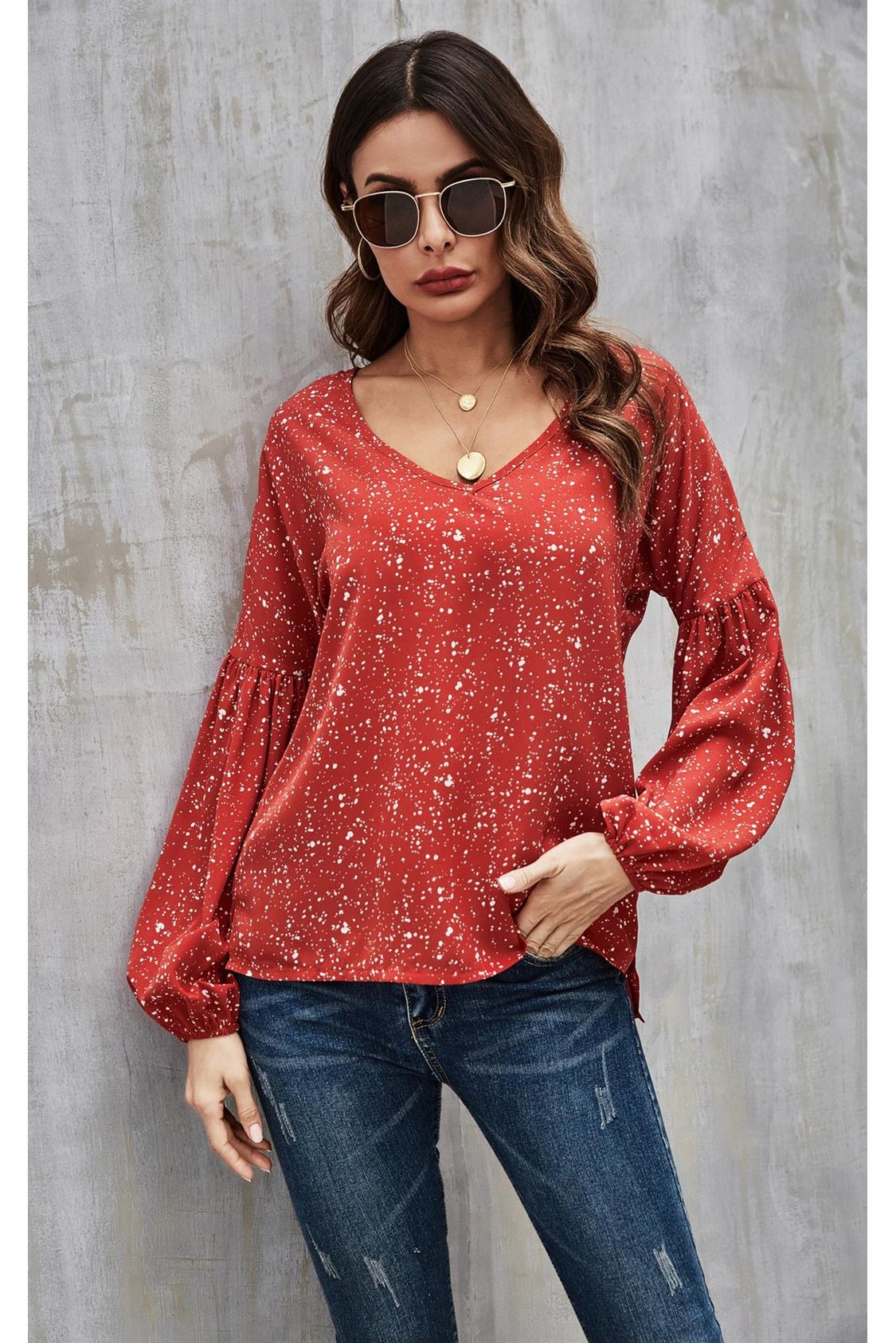 High Low Smock V Neck Top In Red FS21047-1