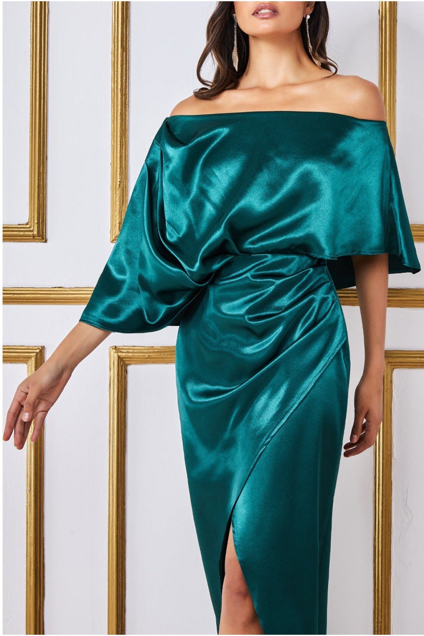 Satin Drape Shoulder Wrap Maxi Dress - Emerald Green DR3450