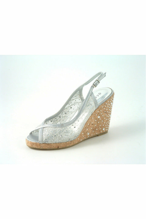 Satin Peep Toe Diamante Wedge Sandal - Silver Occasions34142