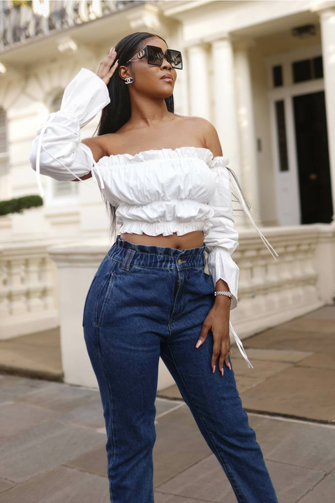 Blue and white ruffle top online