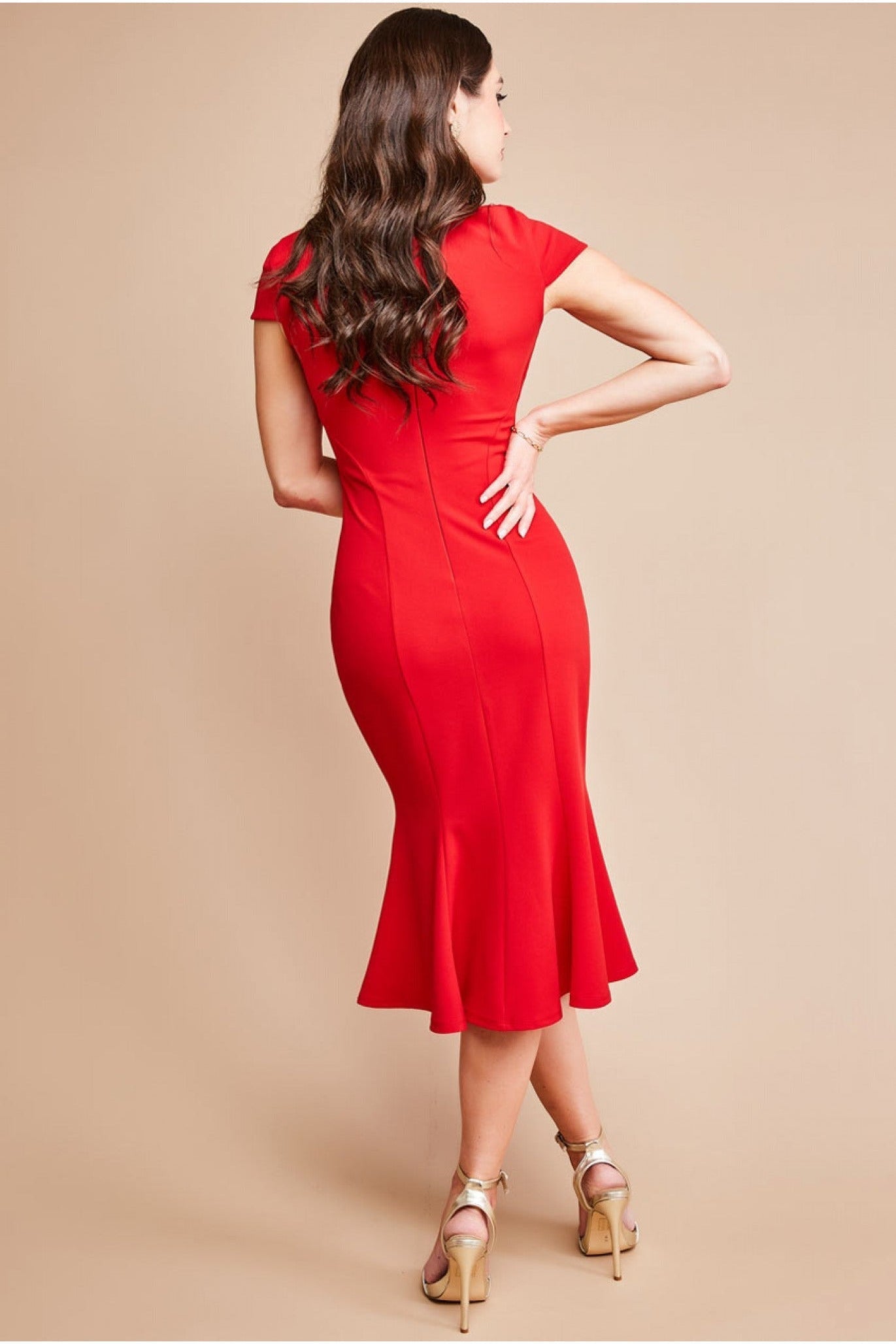Pleated Shoulder High Neck Midi Dress - Red DR3977