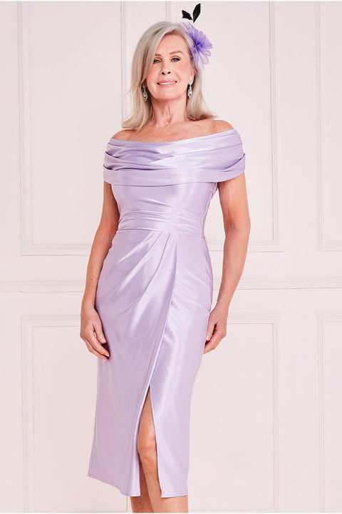 Satin Front Split Bardot Cowl Midi - Lilac DR3587M