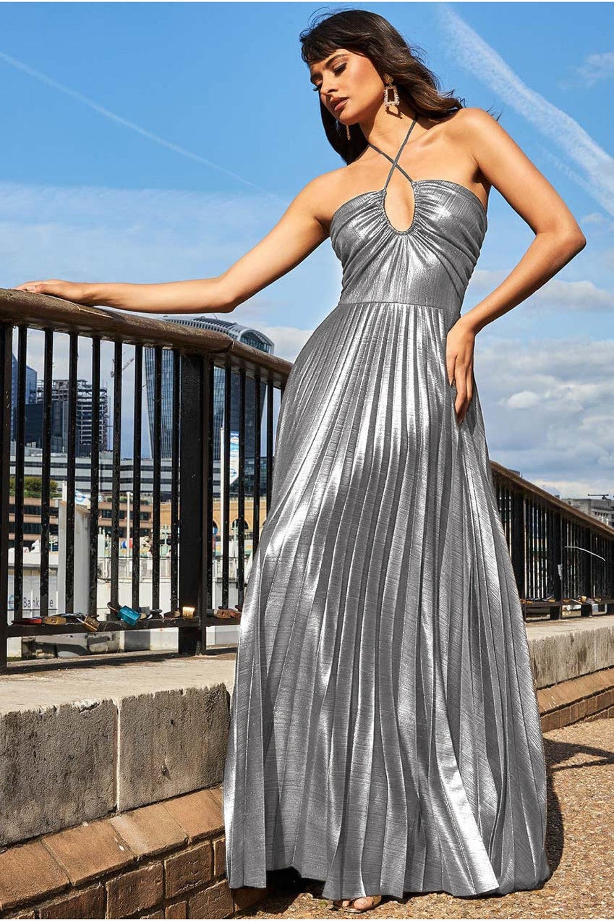 Pleated Foil Tie Back Maxi Dress - Silver DR3697