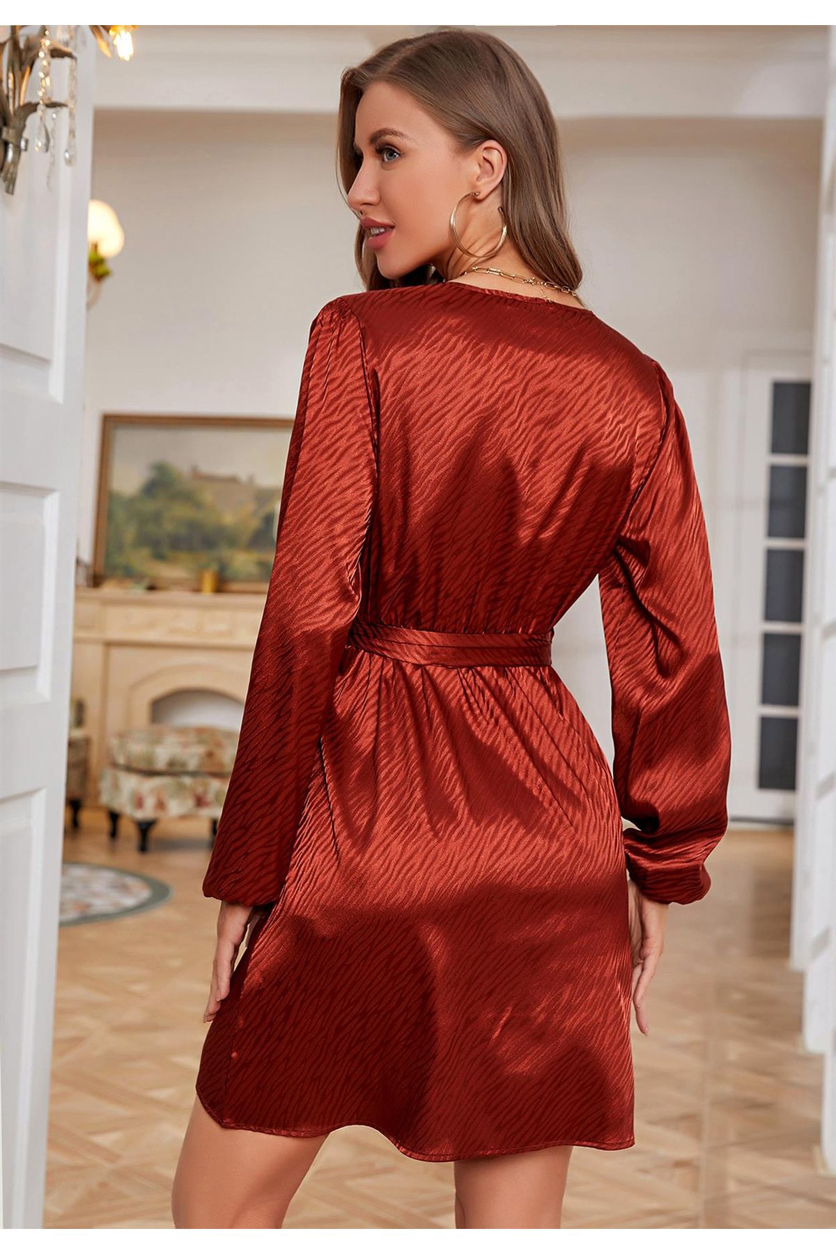 Satin Wrap Mini Dress In Copper Red FS509