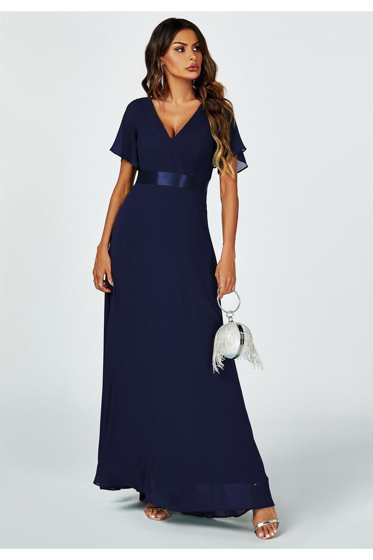 Angel Sleeves Empire Waist Bridesmaid Dress In Navy FS634