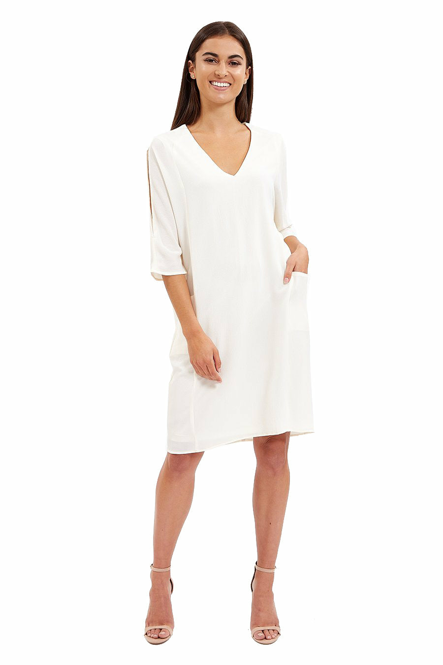 Divine White Relaxed Fit Midi Dress With Pockets JEN30166-W