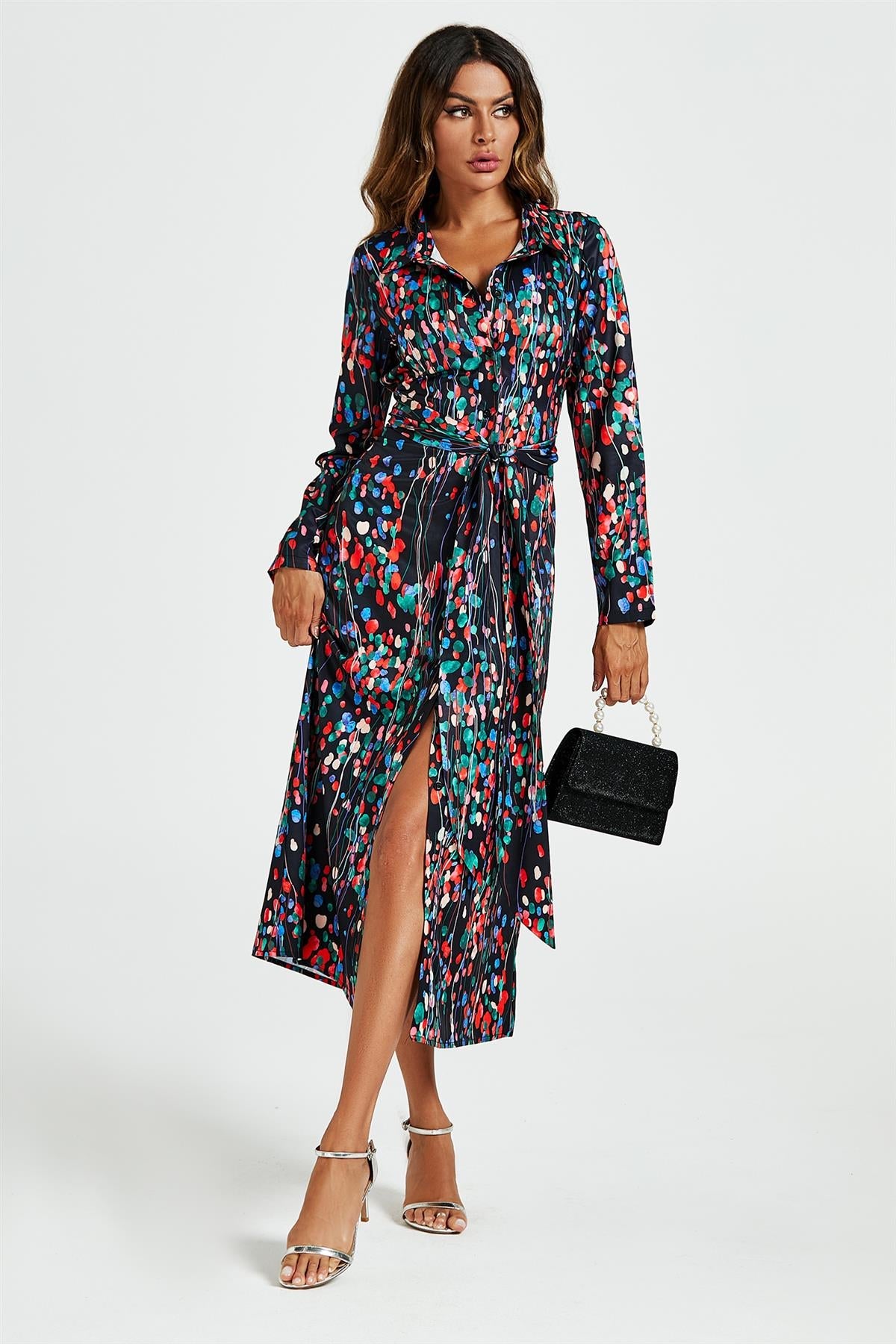 Abstract Floral Print Shirt Midi Wrap Dress In Black FS478-BF