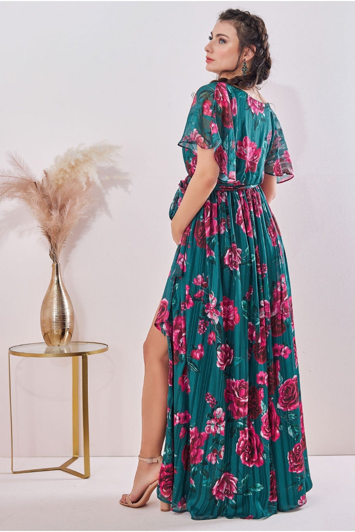 Maternity Flutter Sleeve Floral Wrap Maxi  Emerald DR3601MAT