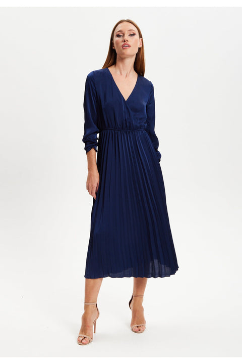 Navy Midi Dress With Pleat Details by Liquorish