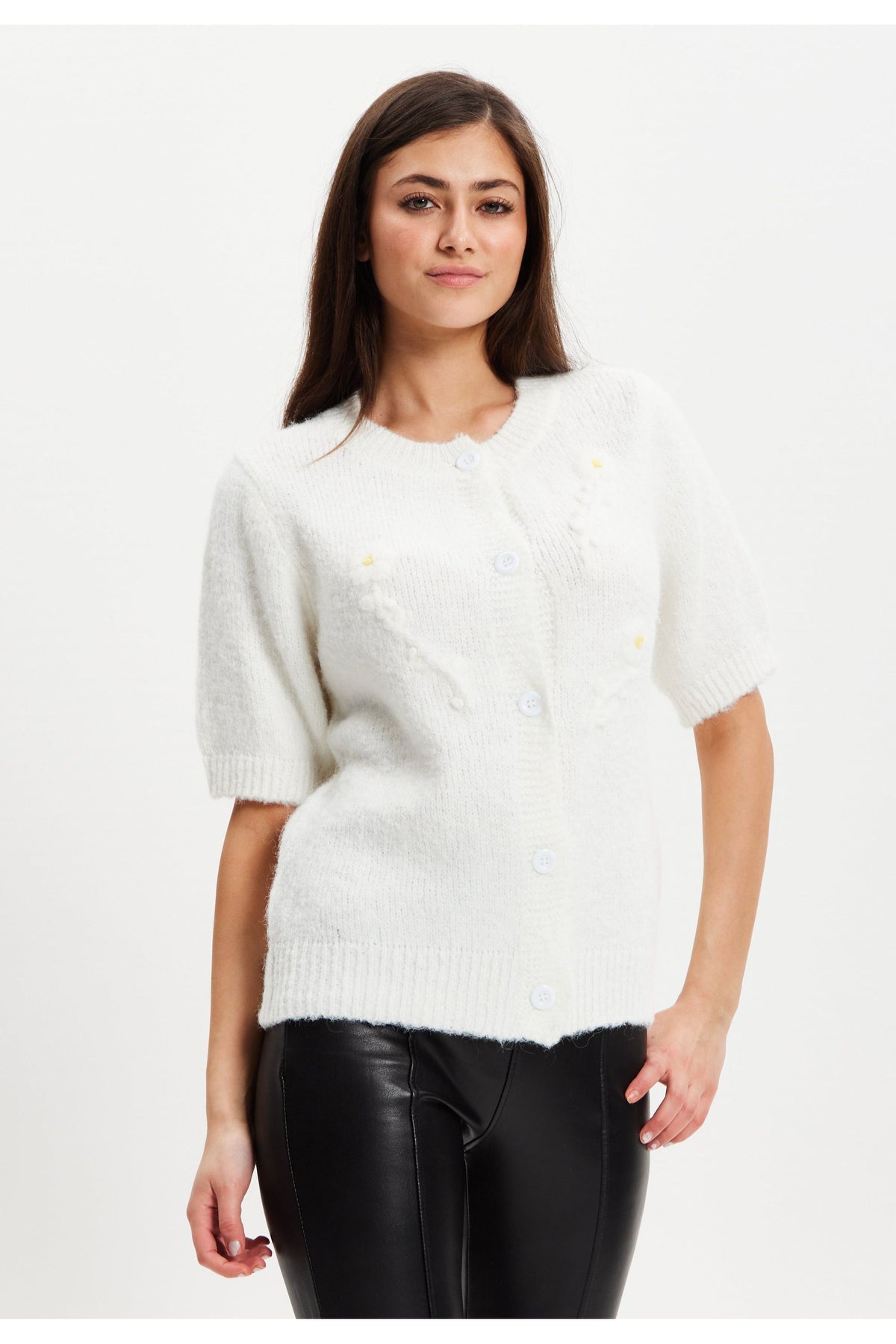 White Knitted Floral Short Sleeve Cardigan UAL010
