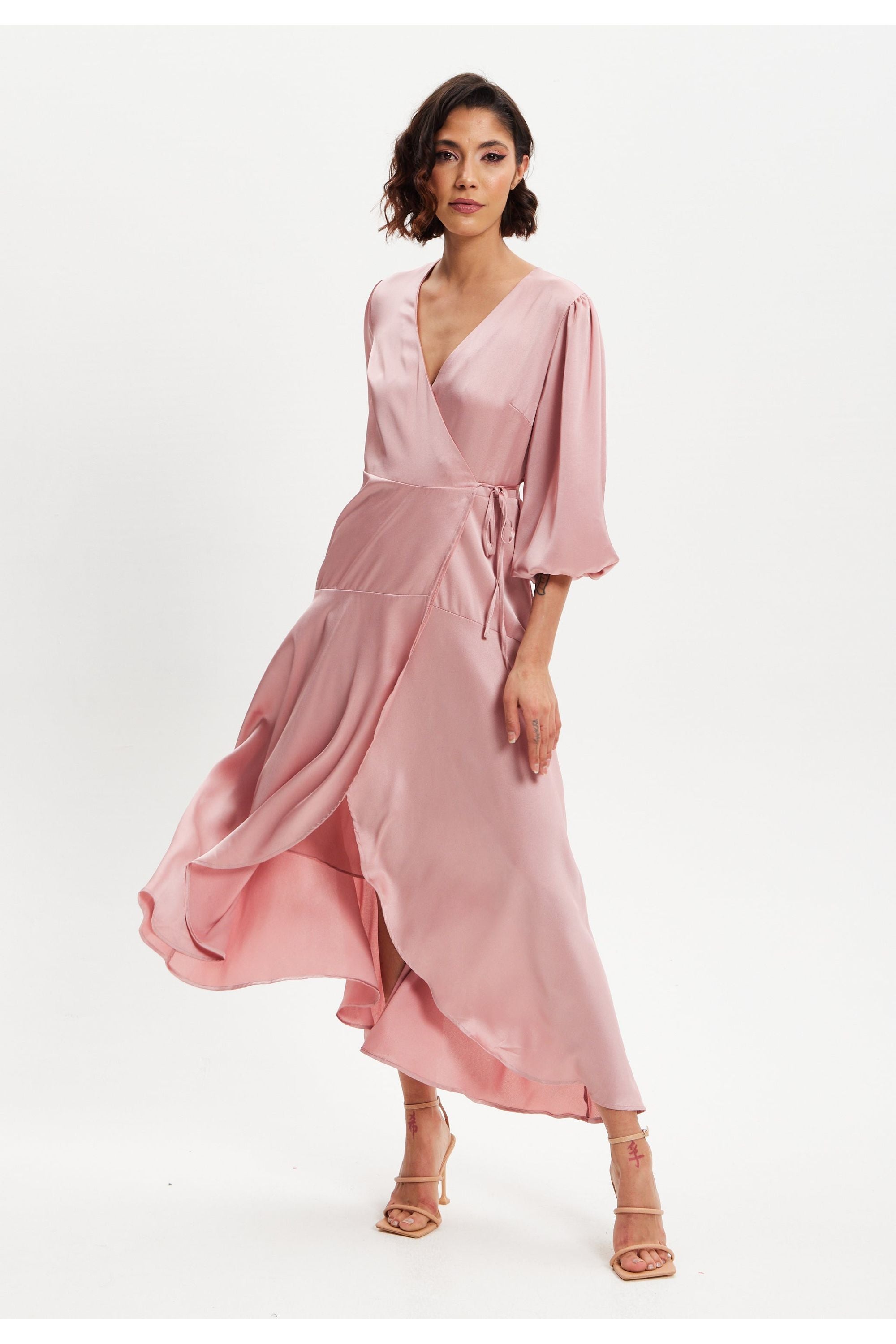 Pink Midi Wrap Dress With Short Puff Sleeves LIQ20-128Pink