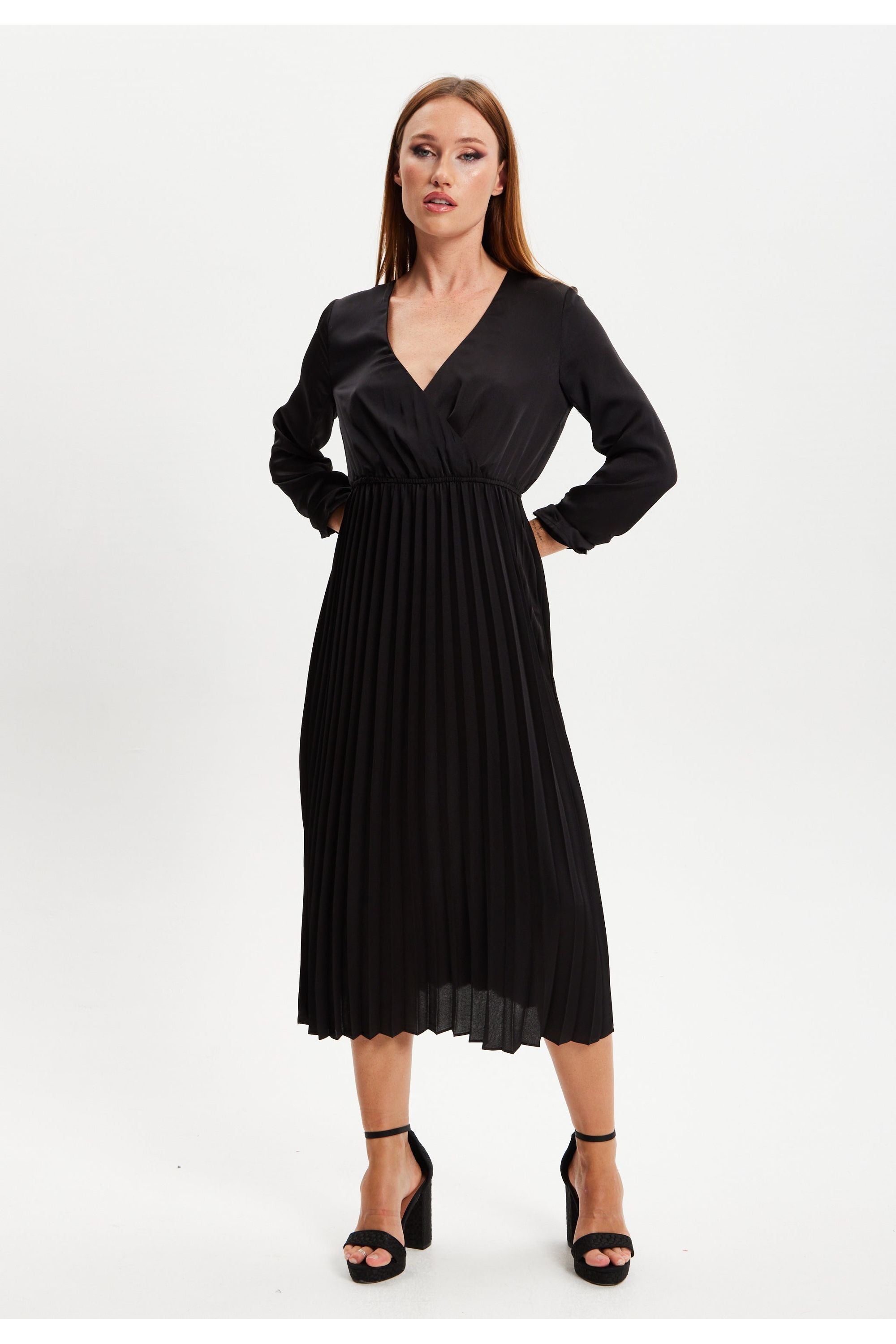 Black Midi Dress With Pleat Details EH1908Black