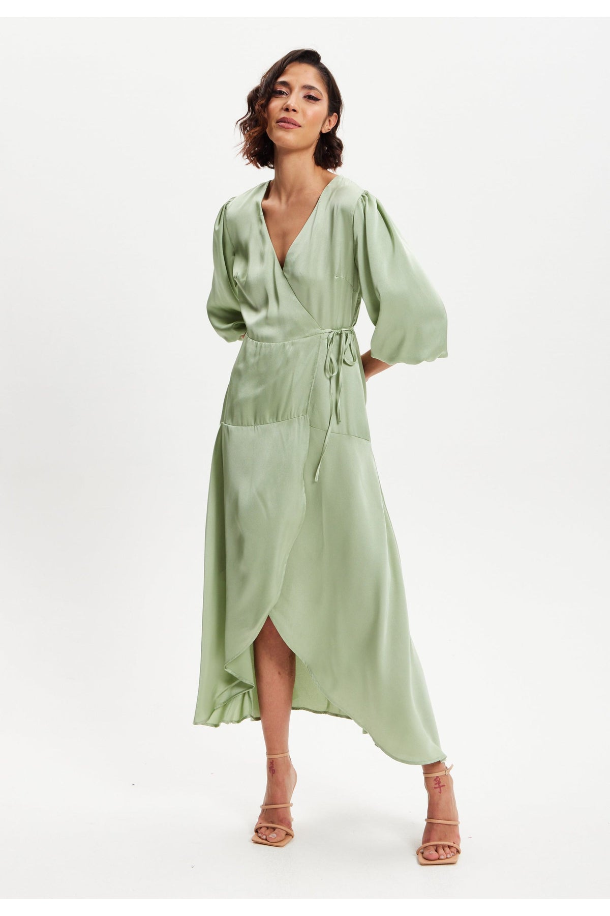 Sage Green Midi Wrap Dress With Short Puff Sleeves LIQ20-128Green