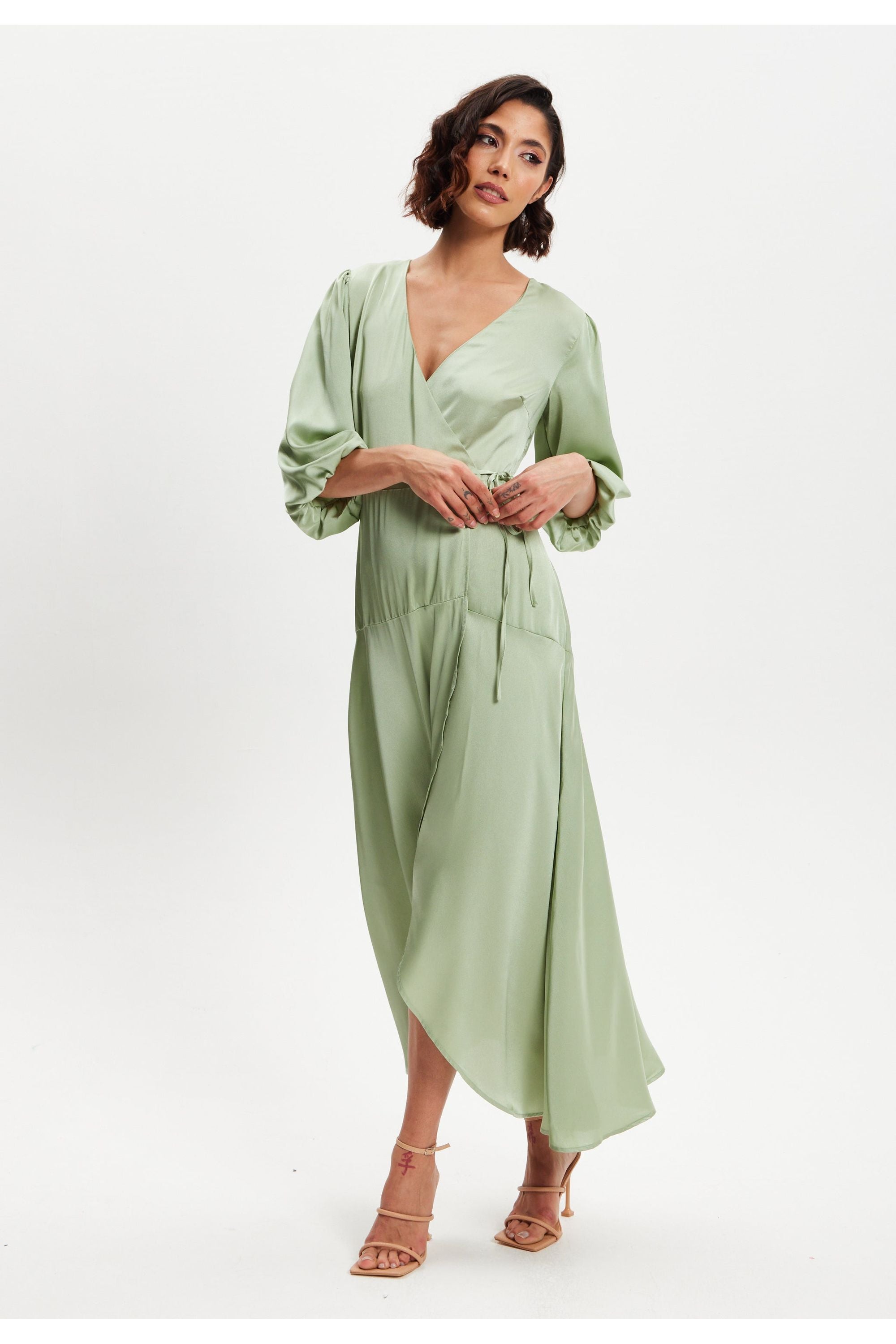 Sage Green Midi Wrap Dress With Short Puff Sleeves LIQ20-128Green