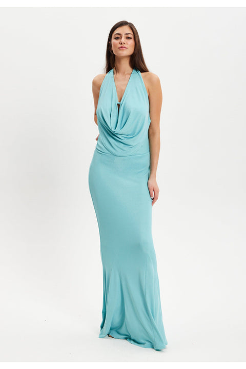 Blue Full Maxi Lurex Jersey Dress by Liquorish