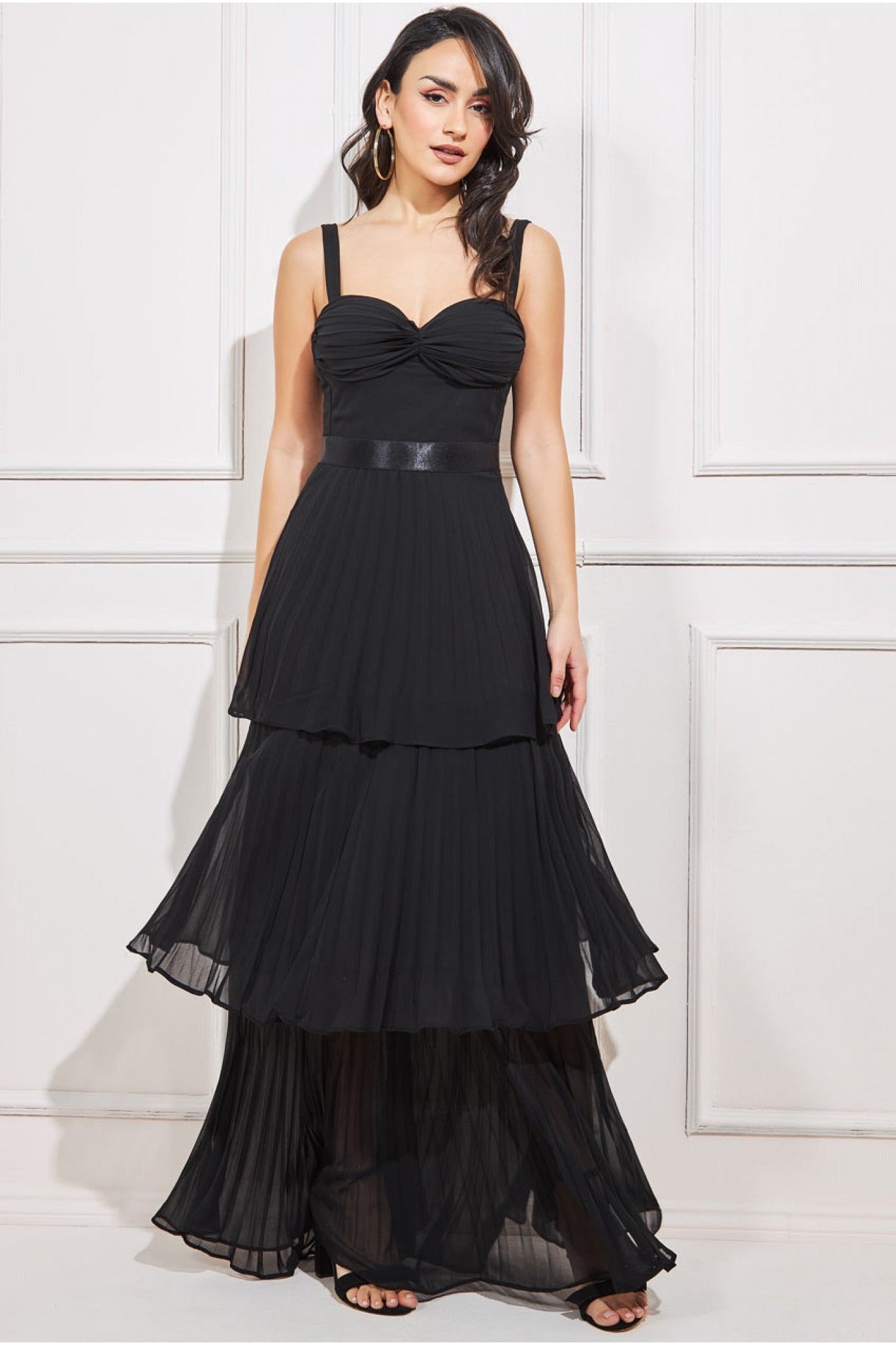 Pleated Chiffon Tiered Maxi Dress - Black DR3804