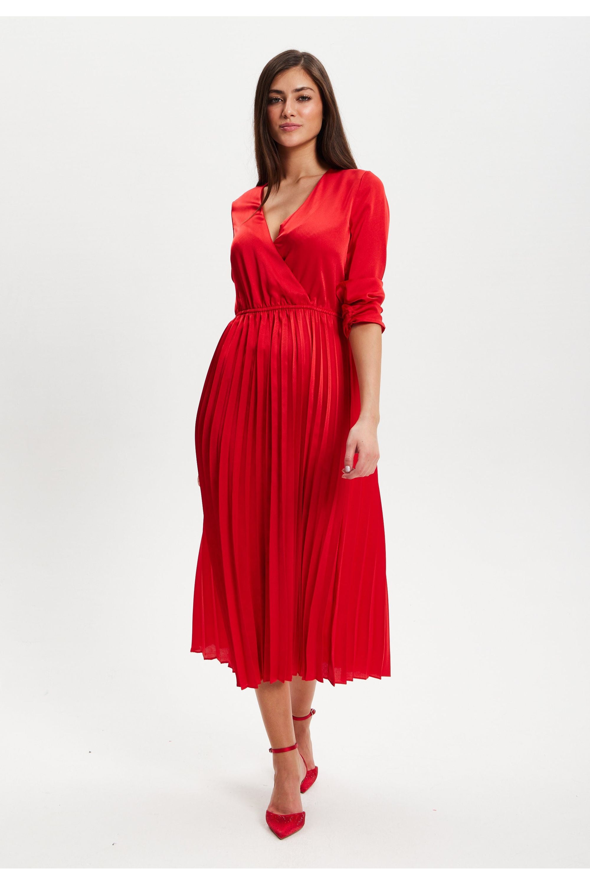 Red Midi Dress With Pleat Details EH1908Red