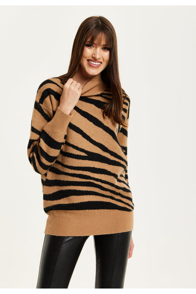 Brown - Zebra Pattern High Neck Jumper In Brown And Black by Liquorish