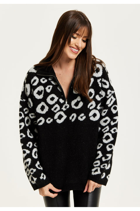 Black And White Jacquard Animal Pattern Jumper With Zip Front B25-LIQ23AW021