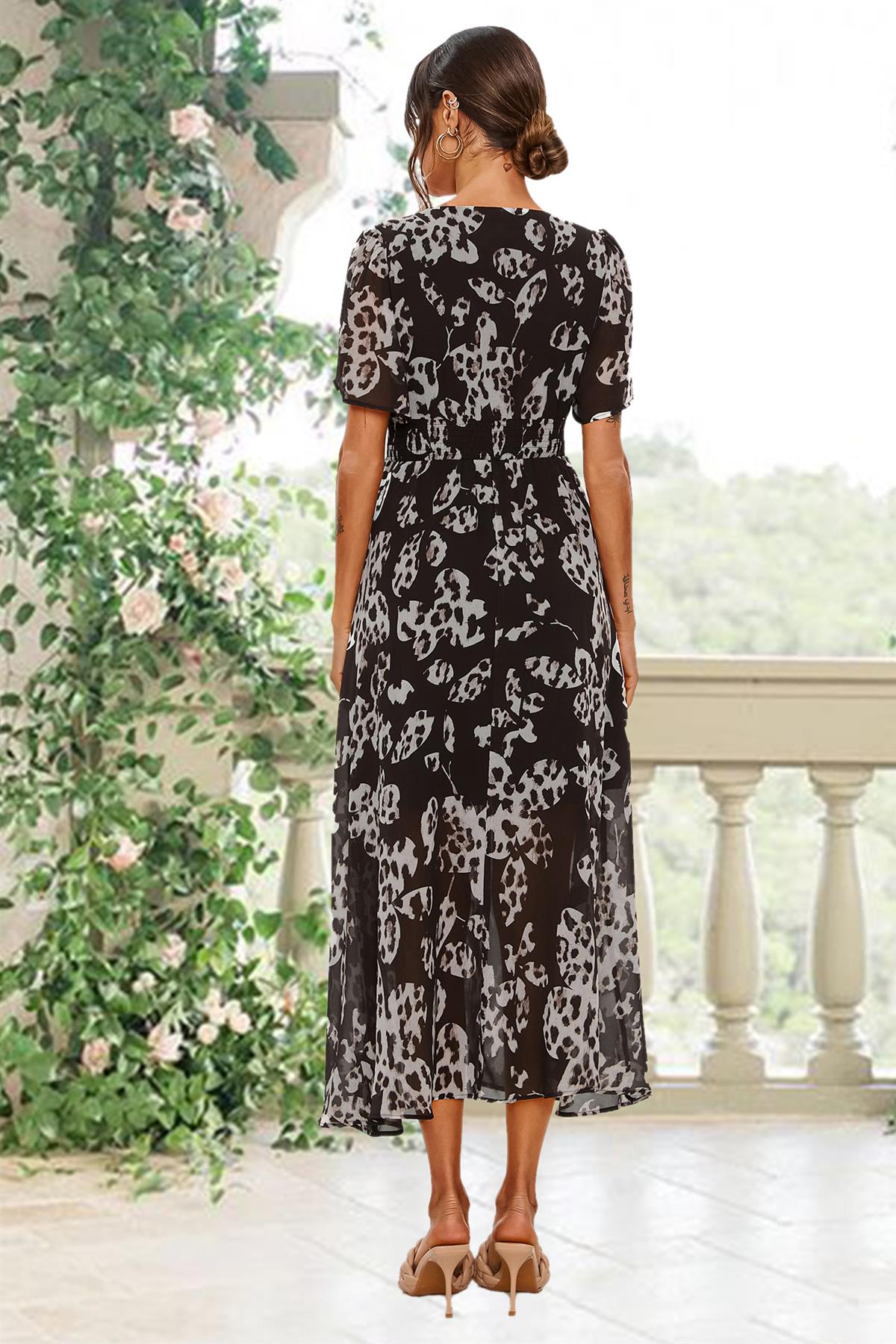Leopard Floral Print Angel Sleeve Maxi Dress In Black FS641-BlackLF
