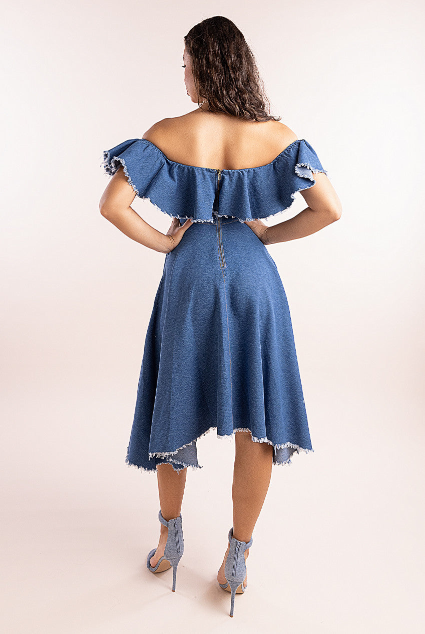 Denim Frilled Bardot High Low Dress - Blue Denim DR4165