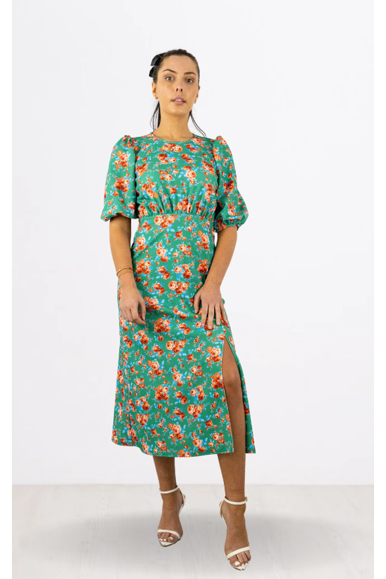 Red Floral Print Round Neck Puff Sleeve Midi Dress BF25738