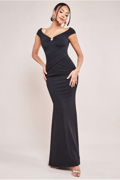 Bardot Pleated Maxi With Metal Trim Maxi Dress - Black
