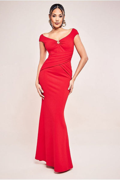 Red - Bardot Pleated Maxi With Metal Trim Maxi Dress - Red by Goddiva