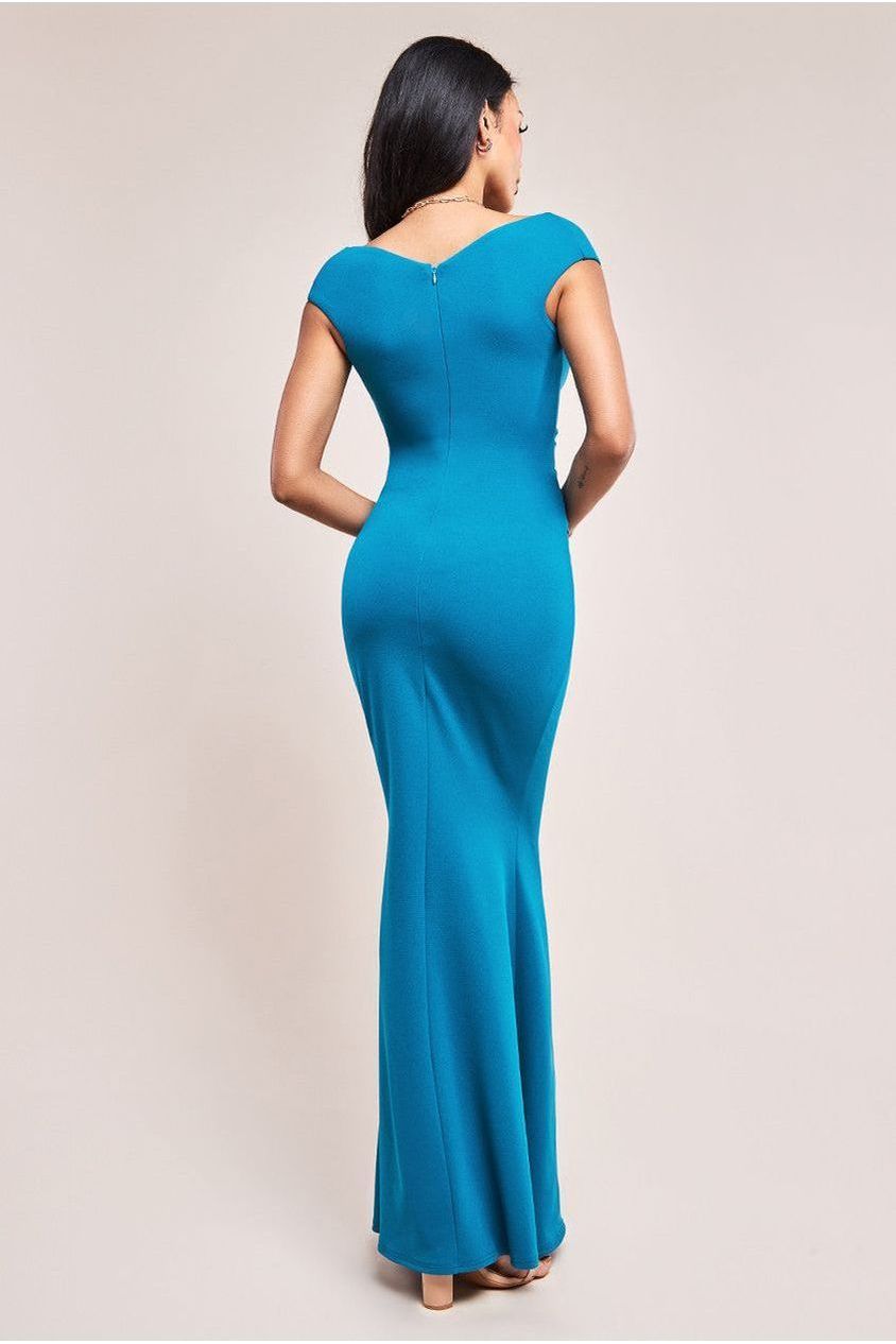 Bardot Pleated Maxi Dress - Teal Blue | Goddiva Bardot Pleated Maxi Dress - Teal Blue | Goddiva